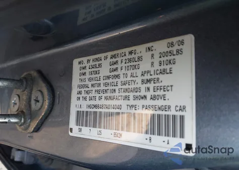 2007 Honda Accord 3.0 Se из США, поврежденный, VIN 1HGCM66487A014040